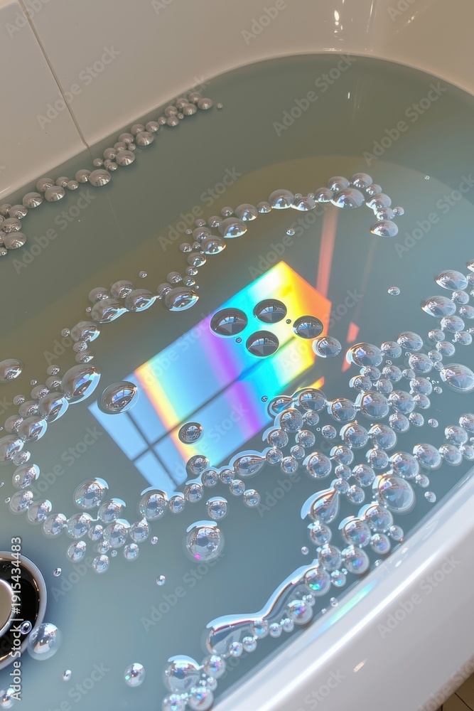 Fototapeta premium A bathtub filled with water reflecting a colorful rainbow pattern, surrounded by scattered bubbles floating on the surface.
