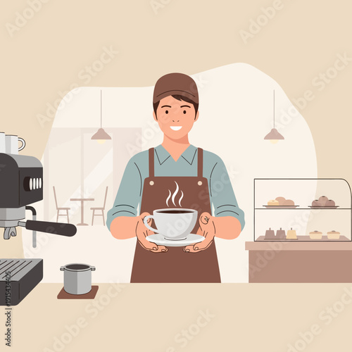 Friendly barista serving hot coffee in cafe, espresso machine and pastries in background