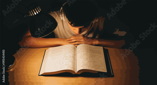 Dedicated student deeply engrossed in late-night study, illuminated by a desk lamp, focusing on a book in a dark room, symbolizing knowledge and perseverance.