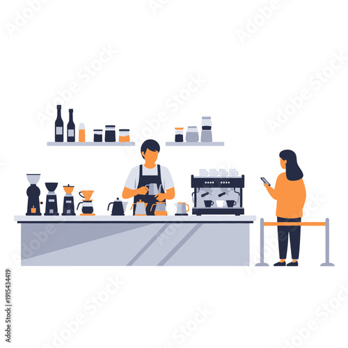 Barista making coffee for customer at cafe counter with espresso machine and brewing equipment