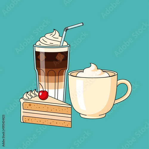 Coffee, Cake Slice, and Whipped Cream Drink on Teal Background
