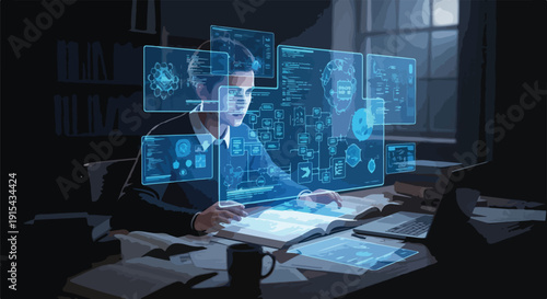 Young student immersed in futuristic learning, surrounded by holographic data interfaces and AI technology in a dark study environment.