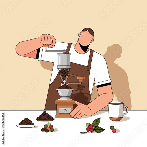 Barista grinding coffee beans manually with vintage grinder, preparing fresh coffee