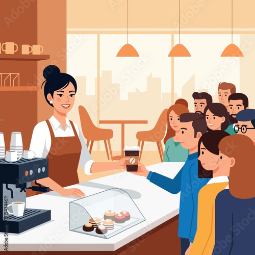 Barista serving coffee to customers in a busy modern cafe with pastries on display