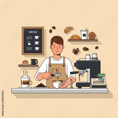 Barista making coffee at counter with espresso machine, menu and pastries in cafe