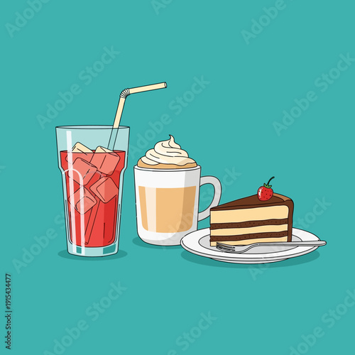 Refreshing Drink, Coffee and Chocolate Cake Slice on Plate with Fork - Sweet Treat Break