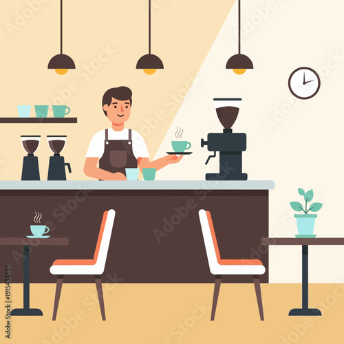 Barista serving coffee at counter in cozy cafe interior with tables and chairs