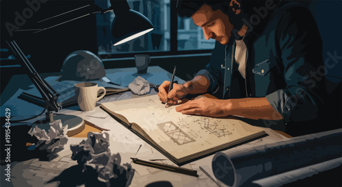 Dedicated male architect or designer sketching architectural plans and blueprints at his desk, illuminated by a desk lamp, showcasing focus and creativity.