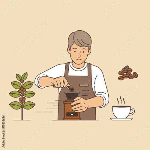 Barista Grinding Coffee Beans for Fresh Brewed Coffee, Coffee Plant and Cup