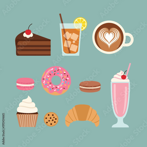 Sweet Treats Assortment: Desserts, Pastries, and Drinks Collection