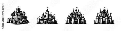 Castle designs collection: flat vector icons set featuring medieval fortress and tower illustrations