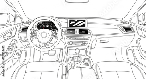 Car Dashboard Interior Black White Illustration.