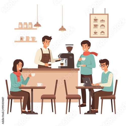Coffee shop scene with barista serving customers, people enjoying drinks and working on laptops