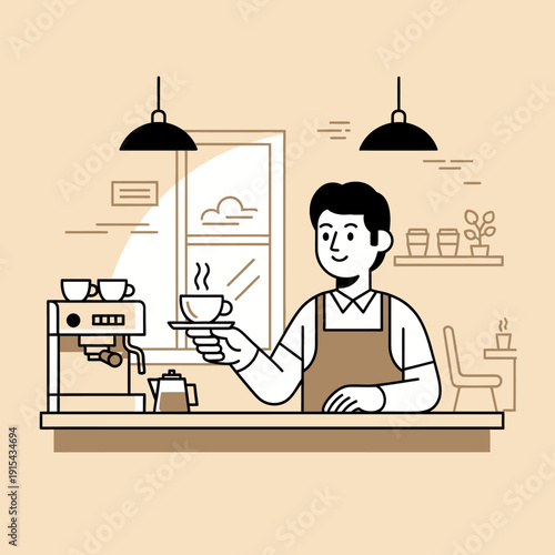 Barista serving coffee at counter in cafe, illustration