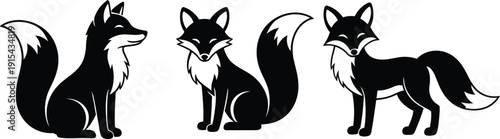 Three black and white cartoon foxes in different poses