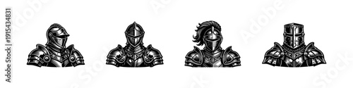 Medieval armor collection: flat vector icons set of knight helmets and shields