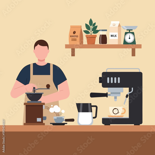 Barista grinding coffee beans and making espresso with a machine and milk pitcher