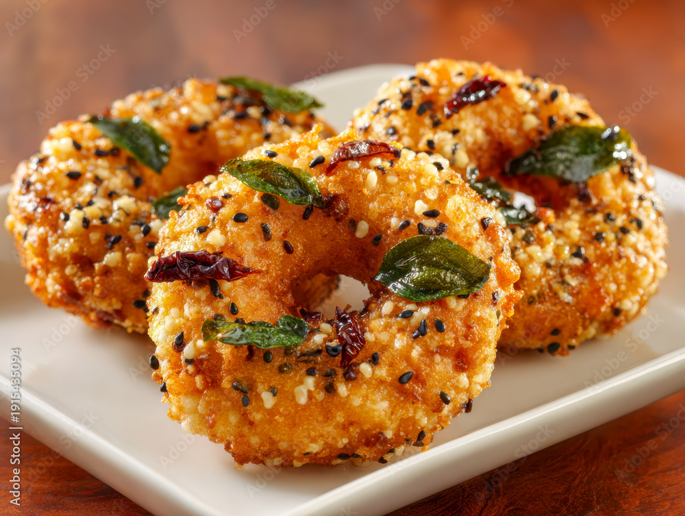 Fototapeta premium Delicious and crispy Indian savory lentil doughnuts garnished with curry leaves, dried red chilies, and sesame seeds served on a white rectangular plate