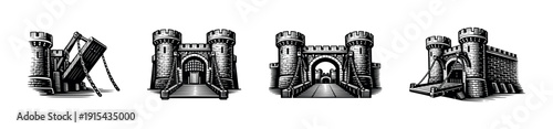 Medieval castle icons set. flat vector icons set of fortress, gate, drawbridge illustrations