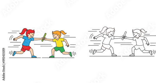 Cartoon girls running relay race passing baton, colored and black white outline coloring page vector illustration for sports and education