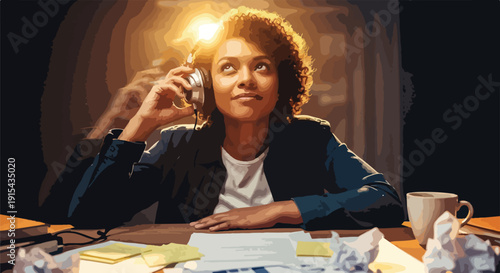 Young woman with headphones on, looking up thoughtfully, sitting at a desk with papers, coffee cup, and sunlight.