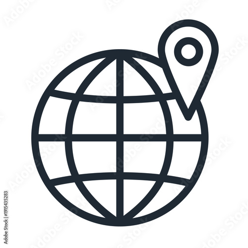 This icon features a globe with a location pin representing global navigation, tracking, and worldwide connectivity. Ideal for maps, logistics systems, and travel apps.