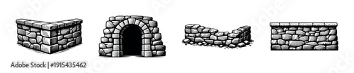 Stone wall flat vector icons set: brick, masonry, and structure illustrations