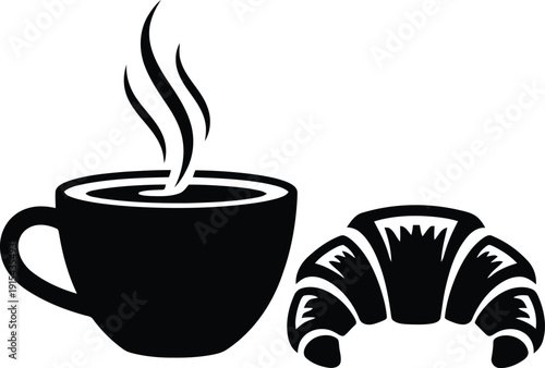 Simple black silhouette icon of a steaming coffee cup and croissant.