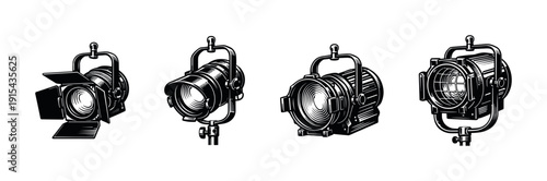 Stage lighting flat vector icons set. theater spotlights collection. studio equipment designs