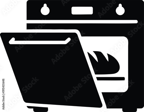 Simple black and white icon of an open oven baking food.