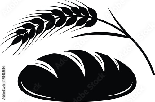 Simple black silhouette icon of a bread loaf and wheat stalk.