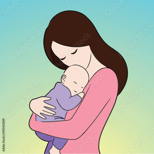 Warm illustration of mother holding baby in gentle embrace. Perfect for maternal care, newborn love, parenting support, family life, and emotional bonding concepts.