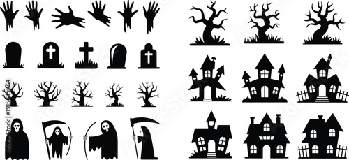 Halloween horror silhouette set, spooky graveyard trees haunted houses grim reaper hands and tombstones collection illustration