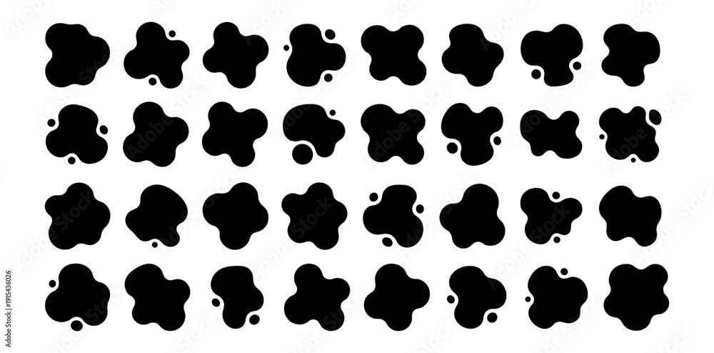 Fototapeta premium Black abstract splash blot shapes set, ink paint splatter blob elements collection vector isolated on transparent background