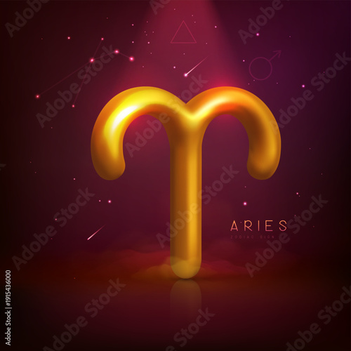 3d metallic magic astrology Aries zodiac sign and constellation on space background. Vector illustration