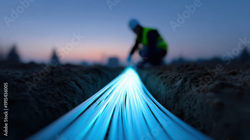Glowing fiber optic cables glowing in trench with technician working at dusk, showing modern technology and connection