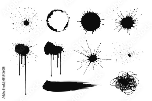 Black ink splatter and paint splash set, grunge blot stain drip elements collection vector isolated on transparent background