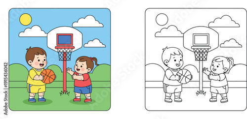 Kids Playing Basketball Cartoon Illustration and Coloring Book Page Set for Children's Activity, Boy and Girl with Basketball Hoop Outdoor Sports Vector Design