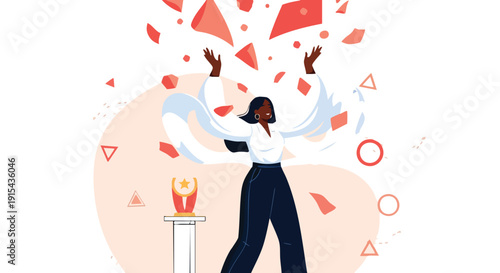 Professional Victory: Empowered Leader Celebrating Major Career Success and Business Achievement.