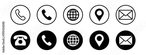 Contact communication icons set, phone call globe location and mail symbols in circle buttons vector isolated on transparent background