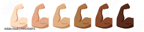 Strong muscle arm bicep flex icon set, fitness bodybuilding power symbols in multiple skin tones vector isolated on transparent background