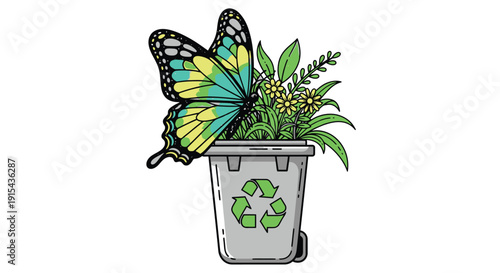 Butterfly and plants in recycling trash can