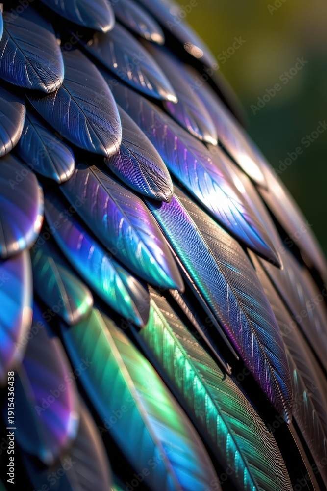 Obraz premium Close-up of iridescent feathers displaying vibrant blue, green, and purple hues with detailed textures and fine lines reflecting light.