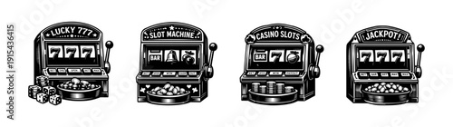 Casino slot machine flat vector icons set: jackpot, dice, and lucky 777 symbols