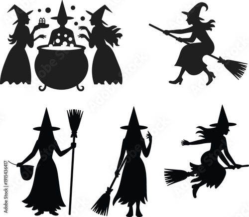 Halloween witch silhouettes collection, spooky magical women with broom and cauldron isolated on white background festive illustration set