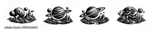 Flat vector icons set of celestial landmarks with planets and moons