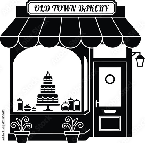 Old Town Bakery storefront black and white vector illustration.