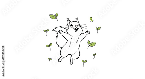 Happy Squirrel Jumping Among Sprouting Leaves