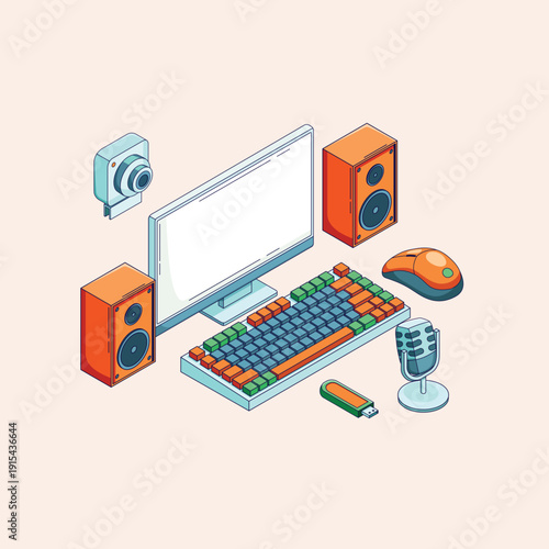 Vibrant isometric digital workstation setup illustration, showcasing essential computer peripherals for modern home offices, creative content creation, and immersive gaming experiences