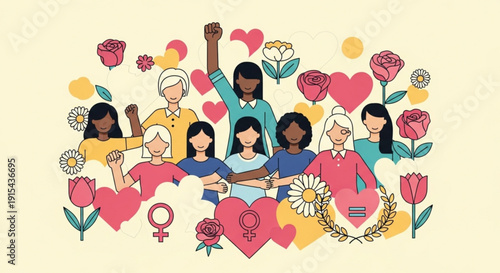 Diverse women in solidarity with hearts flowers and feminist symbols on a beige background